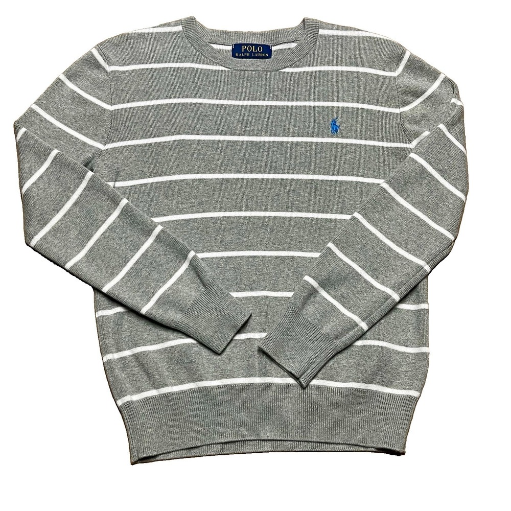 Polo Ralph Lauren Boy's Gray Crewneck Striped Pullover Sweater Size M 10/12